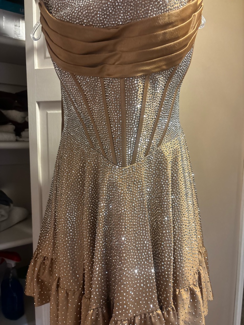 Sherri Hill Gold Rhinestone Strapless Ruffle-Hem Homecoming Dress